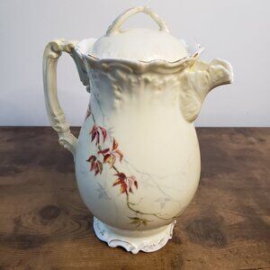 Antique Limoges France Cream Chocolate Pitcher Pot Handpainted Floral Botanical